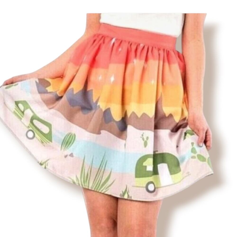 Retro Camping Flowing Midi Skirt Camper Desert Sunset Scenic Novelty A Line - Picture 9 of 10